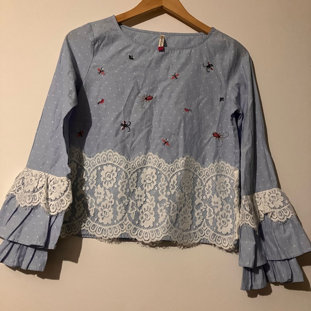 Embroidered Blue Lace Trim Top